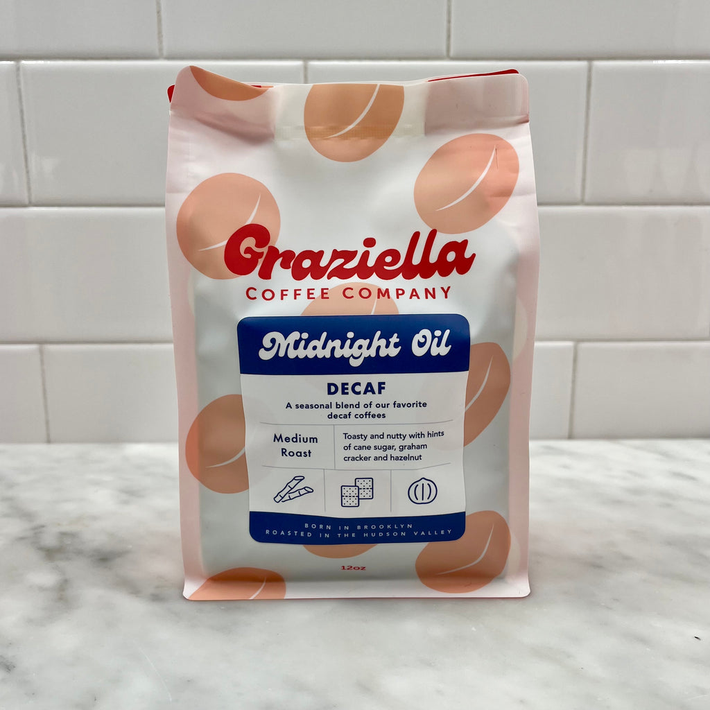 Bag of Grazziella Coffee Company Decaf on a kitchen counter.