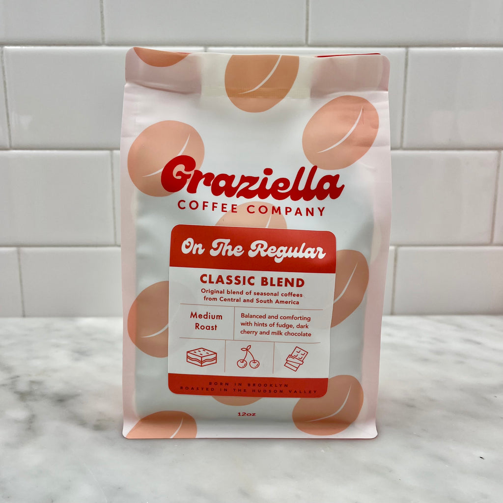 Bag of Grazziella Coffee Company classic blend on a countertop.