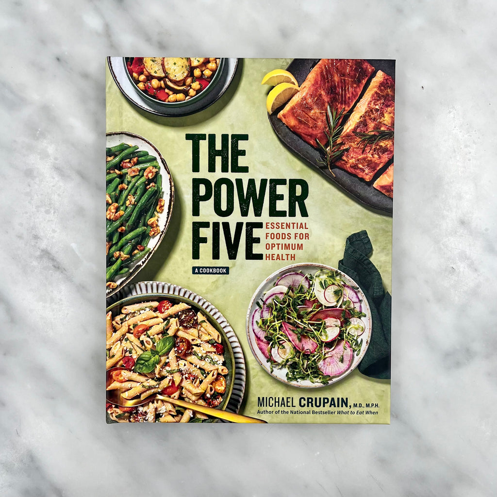 Cookbook cover titled "The Power of Five" with images of dishes.