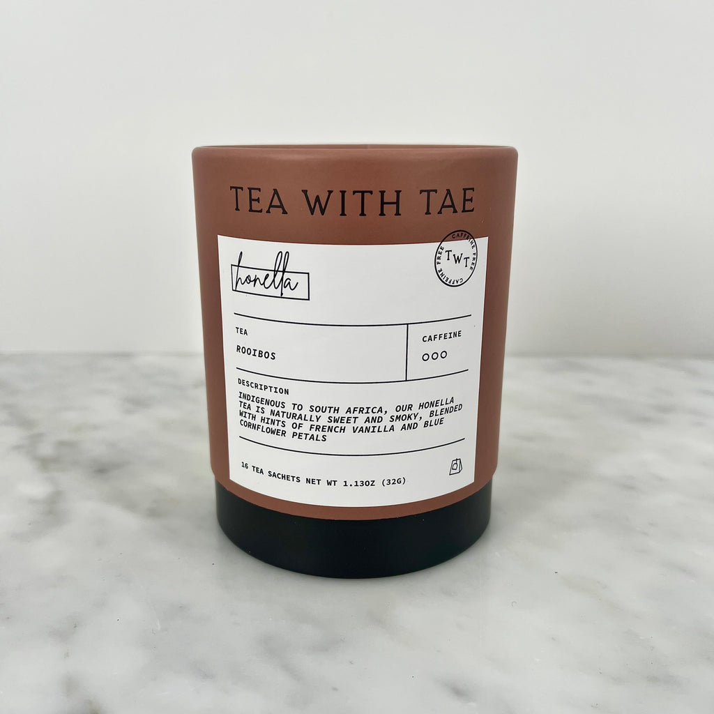 Container of "Tea with Tae" rooibos tea.