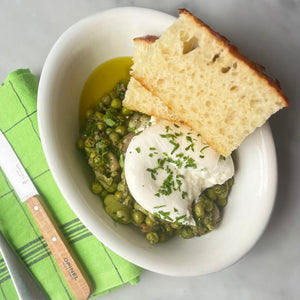 Slow Cooked Peas & Fava Beans with Burrata